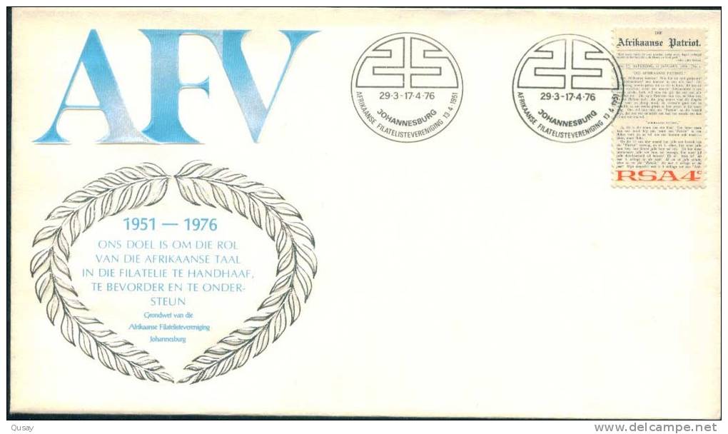 Africaanse Filatelistevereniging    , South Africa FDC 1976 - Lettres & Documents