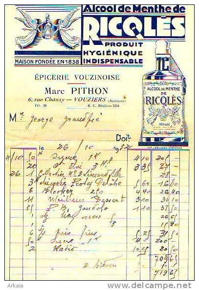 Vouziers 1932 - Alcool Ricqlès - Pithon - Autres & Non Classés