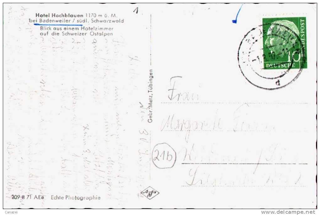 AK Hotel Hochblauen Bei Badenweiler, Blick Aus Einem Hotelzimmer, Gel 1952 - Badenweiler
