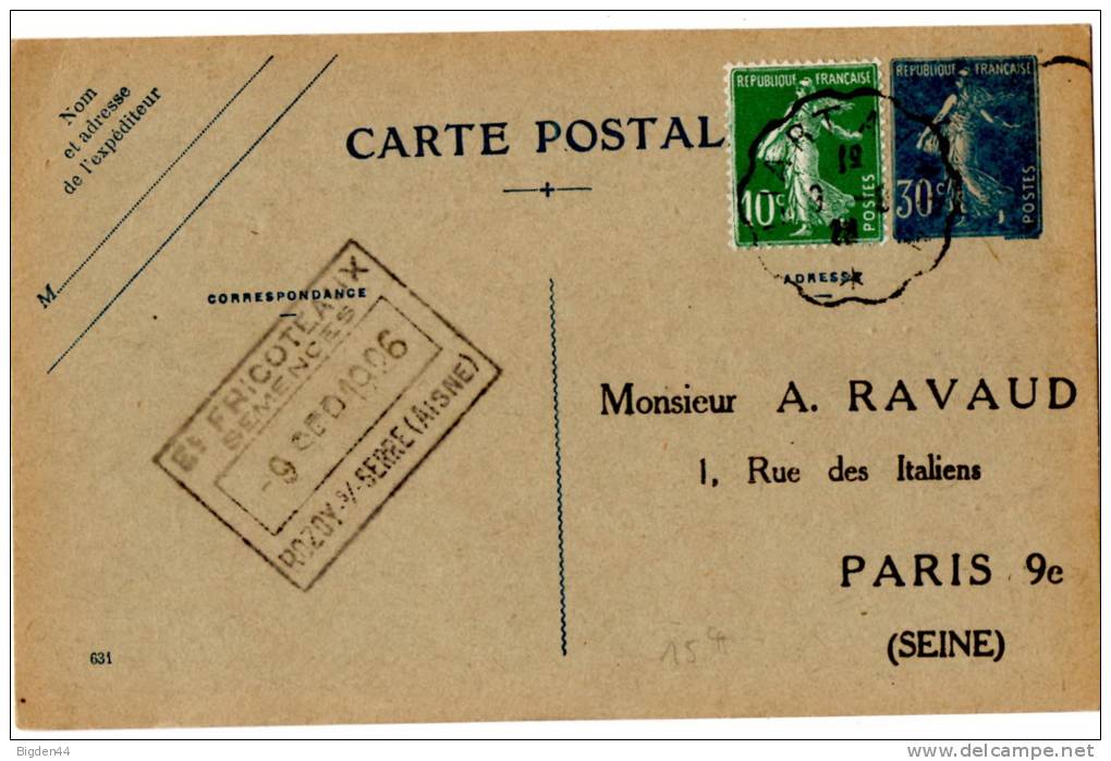 CP_semeuse Avec Complément D'affranchissement (09/09/1926)_Ambulant_Liard à Laon - Cartes Postales Types Et TSC (avant 1995)