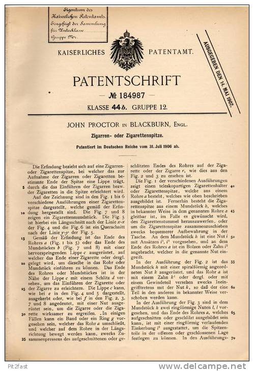 Original Patentschrift - J. Proctor In Blackburn , England , 1906 , Spitze Für Cigarre Oder Zigarette , Cigar !!! - Fuma Sigarette