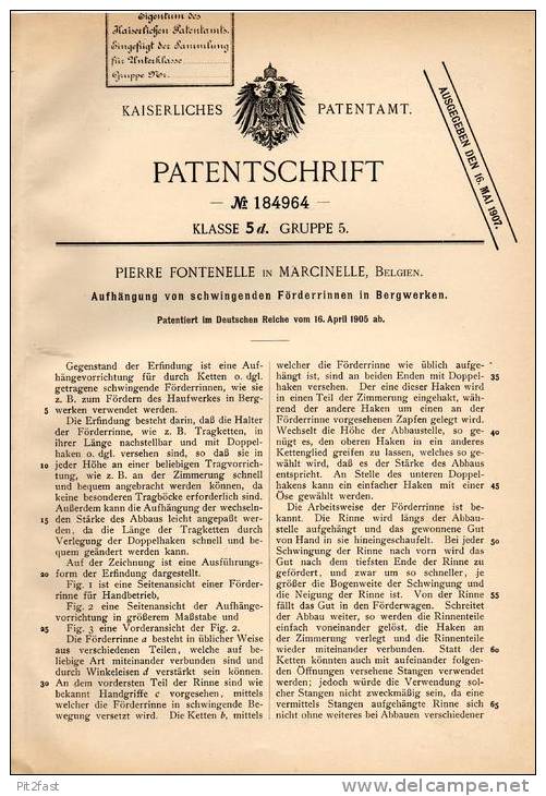 Original Patentschrift - Pierre Fontenelle In Marcinelle , 1905 , Schwingende Förderrinne In Bergwerk , Bergbau !!! - Historische Dokumente