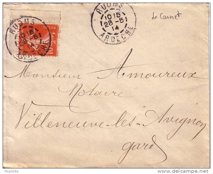 ARDECHE-RUOMS DU 25-5-1914 SUR SEMEUSE DE ANGLE DE CARNET 10c SEMEUSE. - Manual Postmarks