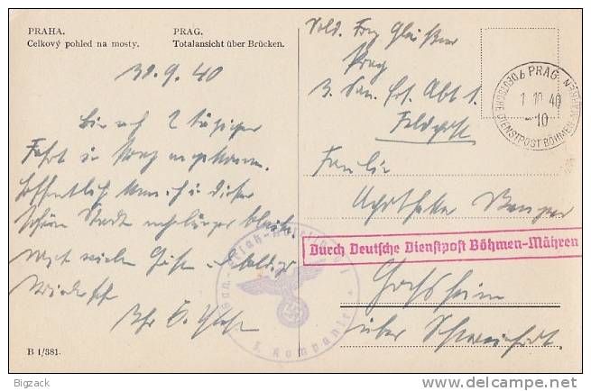 Böhmen & Mähren AK Prag 1.10.40 Durch Dt. Diestpost Böhmen-Mähren - Covers & Documents