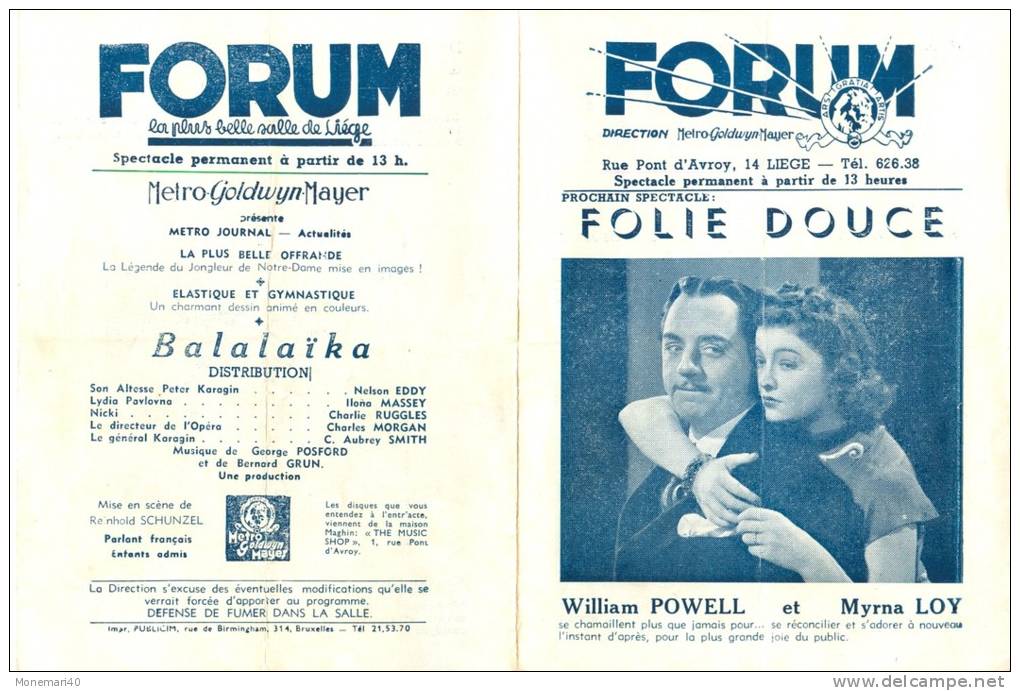 Programme Du Forum, La Plus Belle Salle De Liège (Belgique) - BALALAÎKA (Nelson Eddy) - Années 1947-48 - Programma's