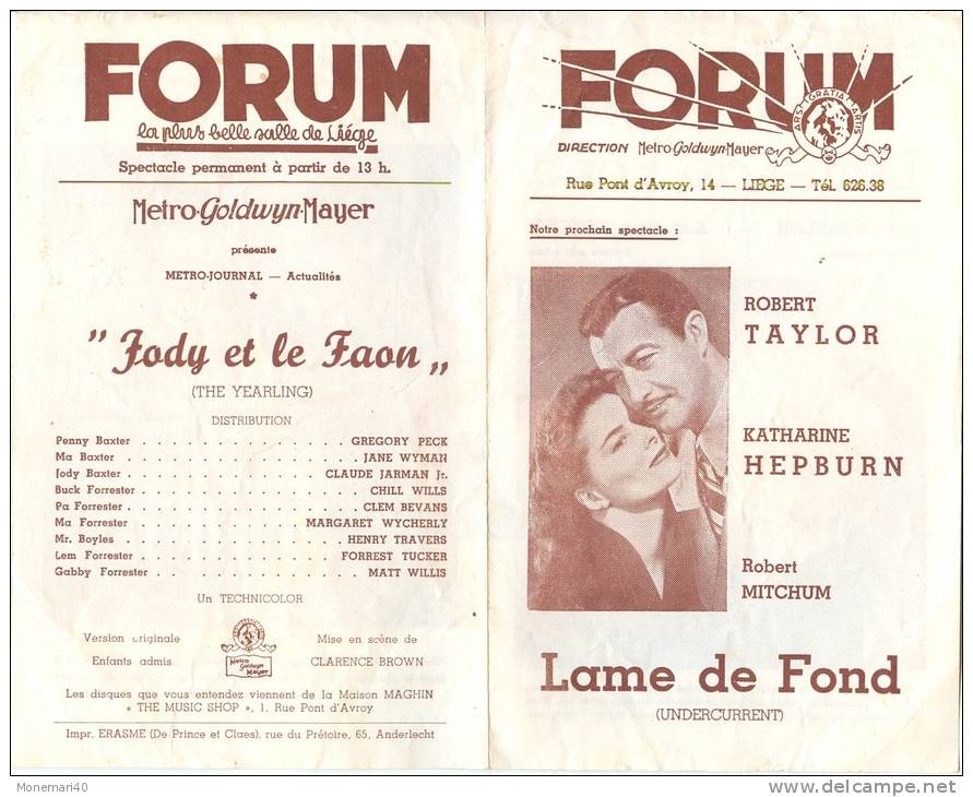 Programme Du Forum, La Plus Belle Salle De Liège (Belgique) - JODY ET LE FAON (Grégory Peck) - Années 1947-48 - Programs