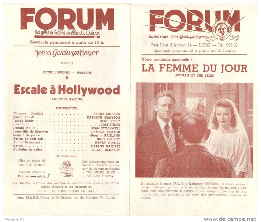 Programme Du Forum, La Plus Belle Salle De Liège (Belgique) - ESCALES A HOLLYWOOD (Frank Sinatra) - Années 1947-48 - Programs