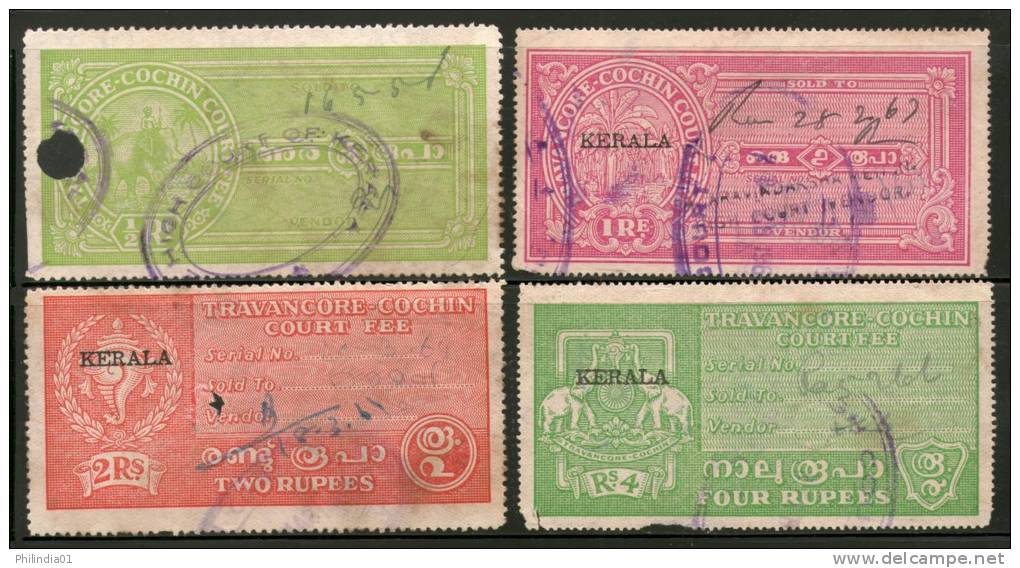 India Fiscal Travancore - Cochin State O/P KERALA 4 Diff To 4 Rs Type12 KM91-4 Court Fee Revenue Stamp Inde Indien #1302 - Travancore-Cochin