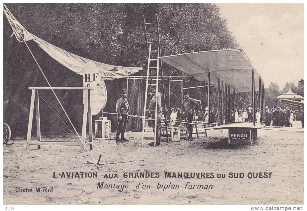 L' AVIATION  Aux  GRANDES  MANOEUVRES  Du  SUD-OUEST.  _  Montage D'un Biplan Farman. Verso Pub - Fliegertreffen