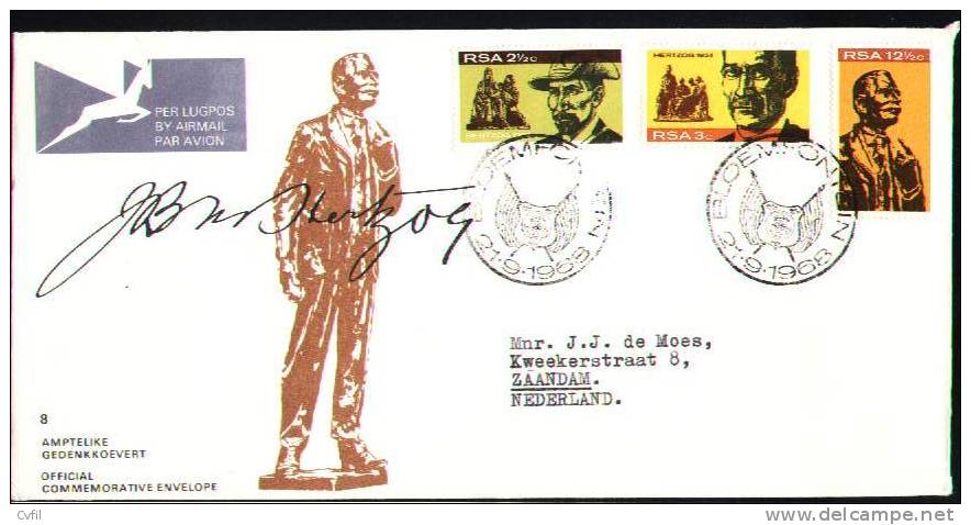 SOUTH AFRICA 1968 - FDC With The Issue Of The Monument Of J. Hertzog, Circulated - FDC