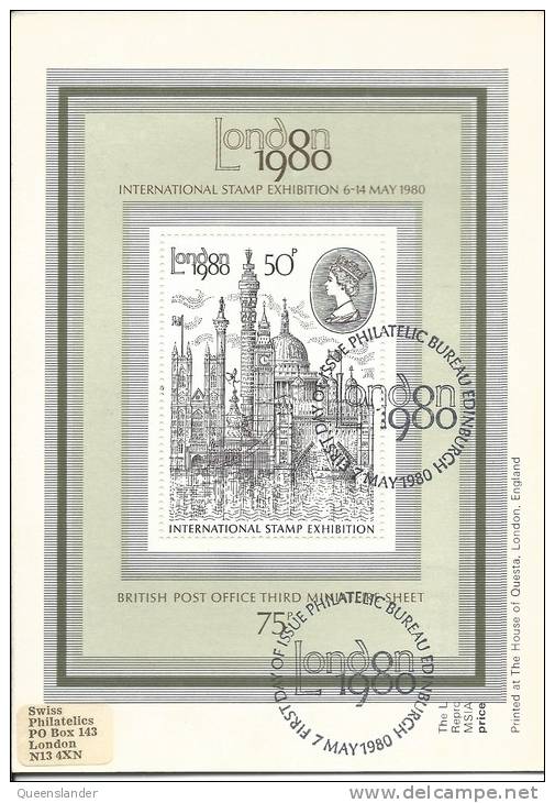 London 1980 Mini Sheet On Maxi Postcard Used With FDI Philatelic Bureau Edinburgh Postmark 7 May 1980 - Blocs-feuillets