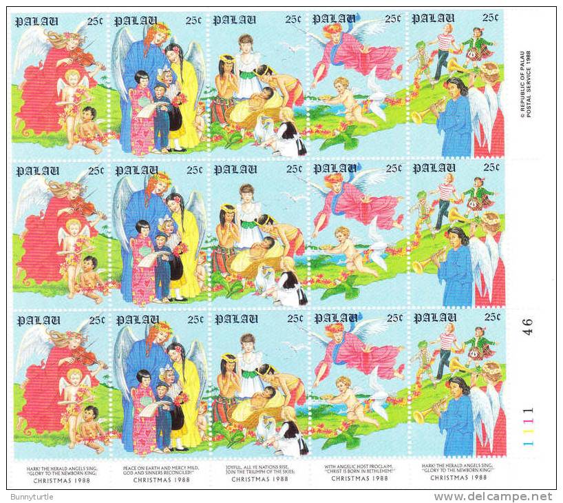 Palau 1988 Christmas Hark The Herald Angels Sing Sheet Of 3 MNH - Palau