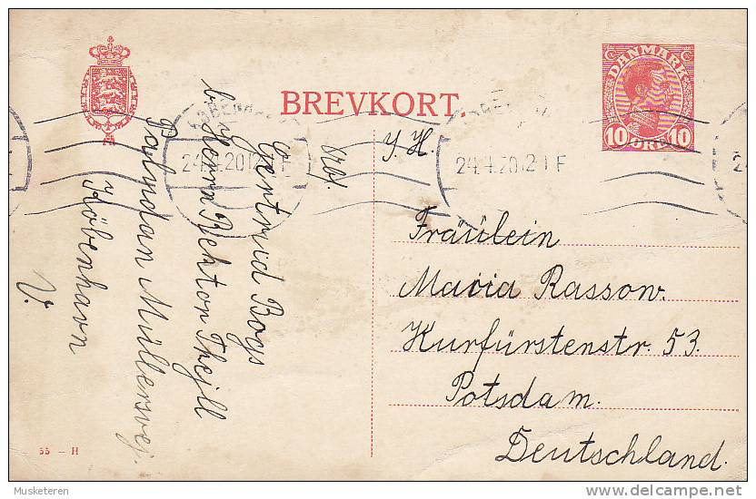 Denmark Postal Stationery Ganzsache Entier Brevkort (55-H) KØBENHAVN 1920 To POTSDAM Germany (2 Scans) - Postwaardestukken