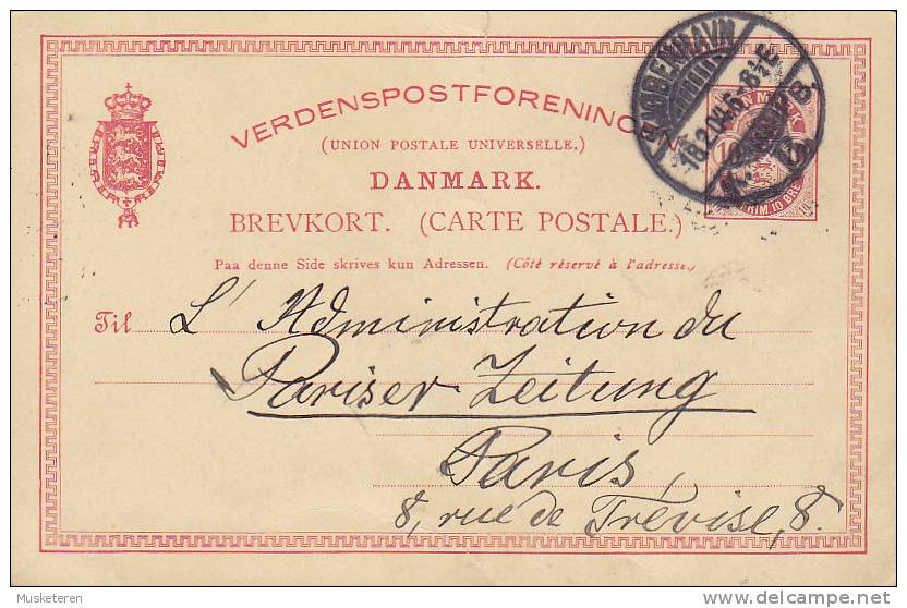 ## Denmark Postal Stationery Ganzsache Entier Brevkort 10 Ø KØBENHAVN 1904 To Pariser Zeitung PARIS France (2 Scans) - Interi Postali