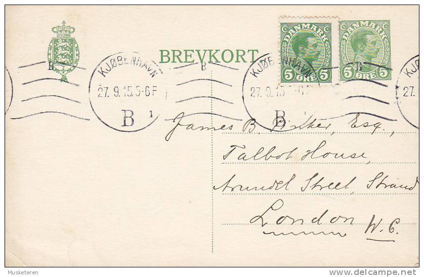 Denmark Uprated Postal Stationery Ganzsache Entier Brevkort KJØBENHAVN B. 1915 To LONDON England (2 Scans) - Postal Stationery