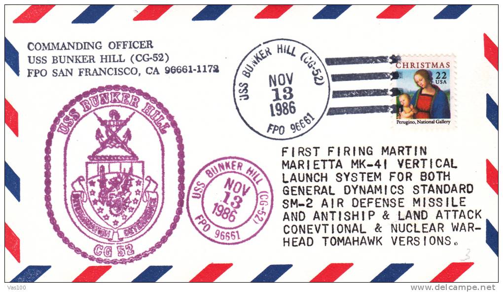 SUBMARINE,USS BUNKER HILL  CG-52  FPO SAN FRANCISCO ,COMANDING OFFICER,1986,CACHET ON COVER - Submarines