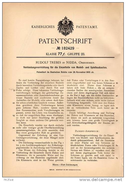 Original Patentschrift - R. Trebes In Nidda , Oberhessen , 1905 , Einzelteile Für Modell- Und Spielbaukasten , Bausteine - Architecture