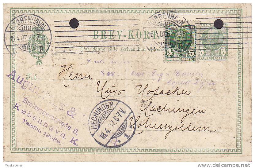 ## Denmark Uprated Postal Stationery Ganzsache Entier Brevkort KJØBENHAVN 1907 HECHINGEN Hohenzollern Germany (2 Scans) - Postwaardestukken