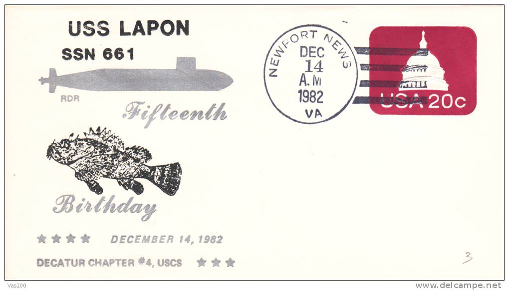 SUBMARINE,SOUS-MARINS ATOMIC,USS LAPON  SSN 661 FIFTEENTH 1982 ,COVER STATIONERY RARE! USA. - Sous-marins