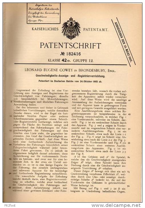 Original Patentschrift - L. Cowey In Brondesbury , 1905 , Tachometer , Tacho Für Automobile , Motorrad  !!! - Motorfietsen