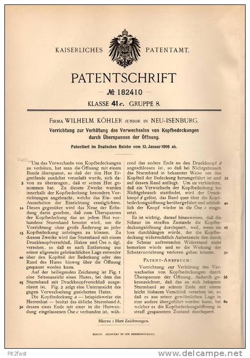 Original Patentschrift - Fa. W. Köhler In Neu Isenburg , 1906 , Schutz Gegen Verwechslung Bei Hüten , Hut , Hutmacher !! - 1900-1940