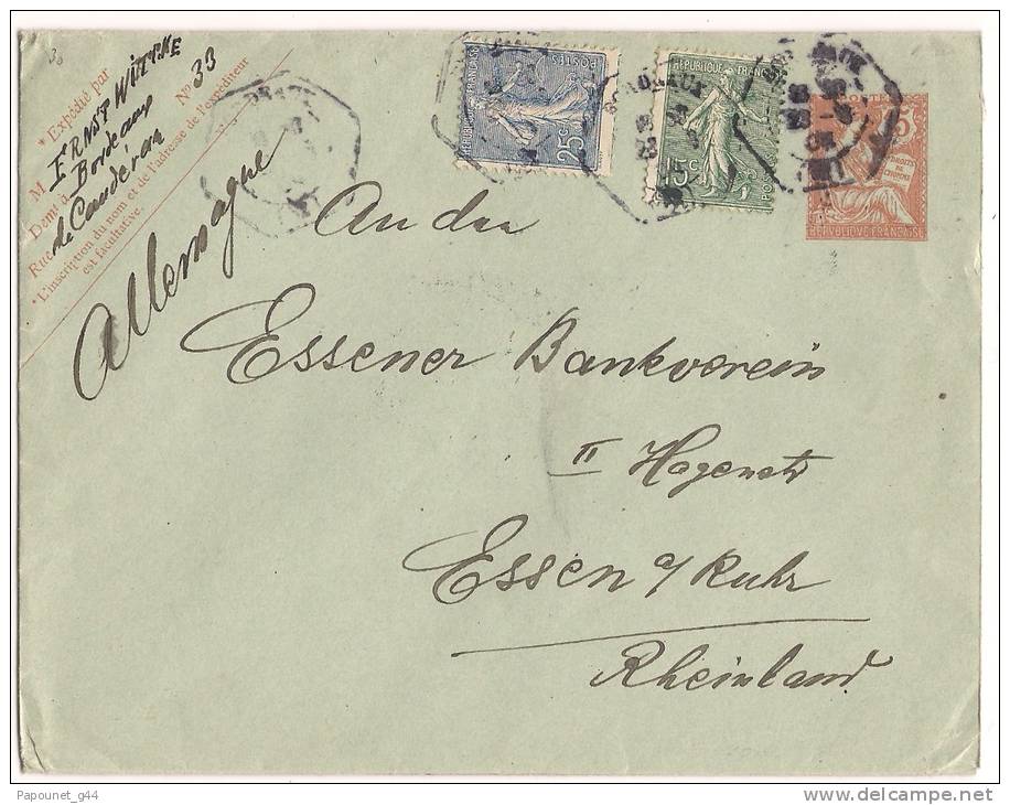 Entier Postal 1904 - 15c  Type Mouchon Cpl  + 15c+25c Semeuse Bordeaux à Destination Allemagne - Enveloppes Types Et TSC (avant 1995)