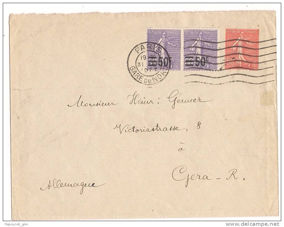 Entier Postal 1927 - 50c Semeuse + Cpl 50c X 2 Sur 60c Semeuse Paris Gare Du Nord Destination Allemagne - Enveloppes Types Et TSC (avant 1995)