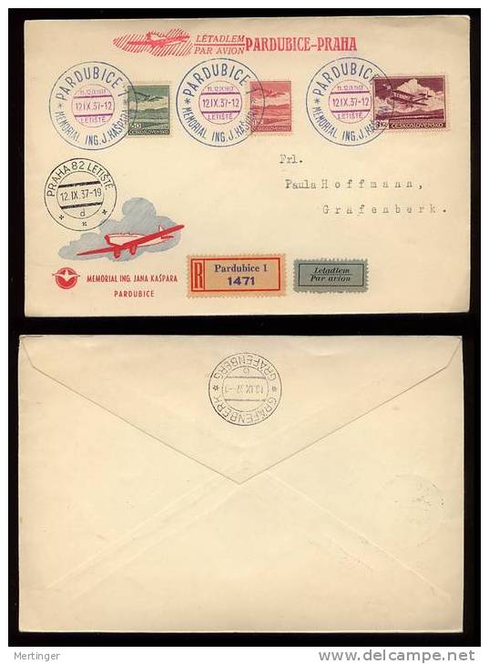 CSR 1937 Airmail Cover Registered  PARDUBICE – PRAHA Nice - Briefe U. Dokumente