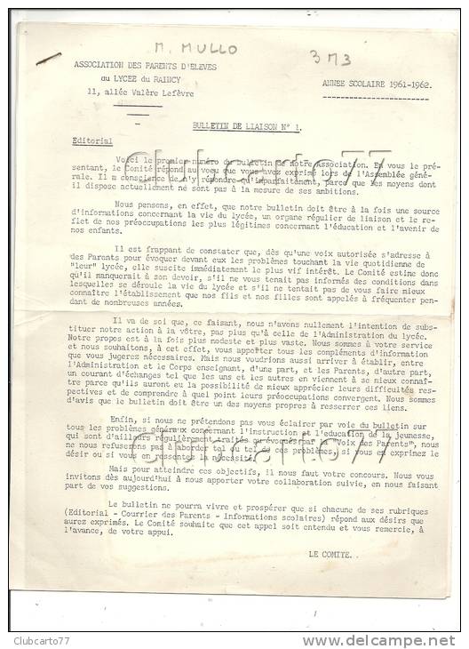 Le Raincy (93) : Bulletin De Liaison N°1 De L´association Des Parents D´élèves Du Lycée Mixte De 1961-1962. - Diploma & School Reports
