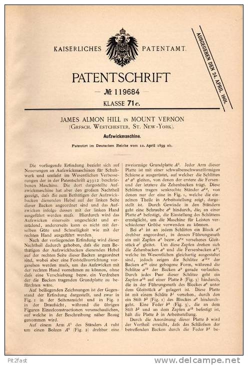 Original Patentschrift - J. Hill In Mount Vernon , Westchester , 1899 , Aufzwickmaschine !!! - Tools