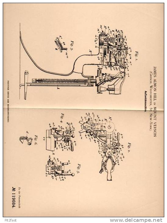 Original Patentschrift - J. Hill In Mount Vernon , Westchester , 1899 , Aufzwickmaschine !!! - Tools