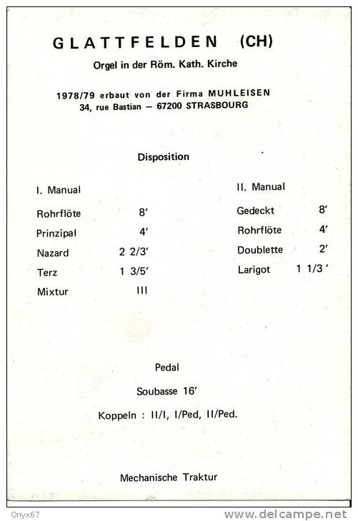 PHOTO- 175 X 125mm- Fiche Technique ORGUE De GLATTFELDEN (Suisse) Eglise Catholique- VOIR 2 SCANS - - Photos