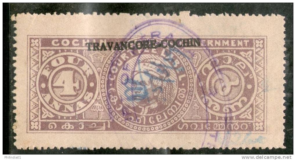 India Fiscal Travancore - Cochin State 4As Raja Kerala Varma II Type19 KM203 Court Fee Revenue Stamp Inde Indien # 2694B - Travancore-Cochin