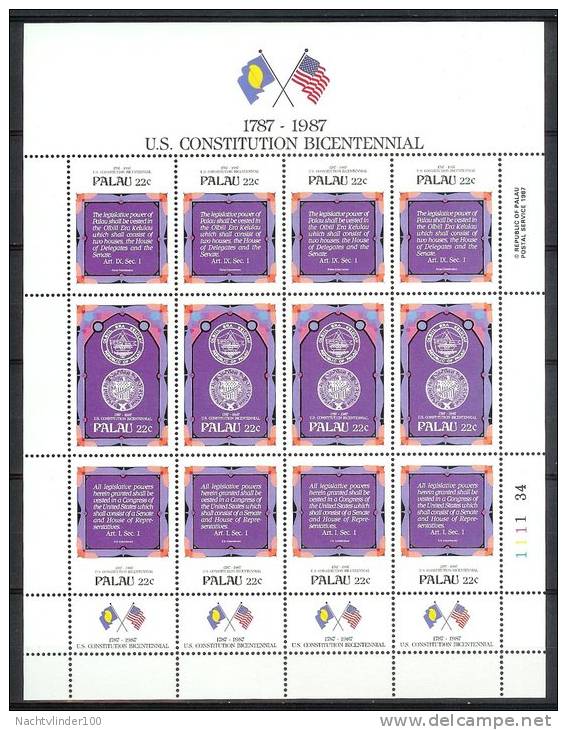 Mrx094b VLAG U.S. CONSTITUTION BICENTENNIAL FLAG ** SHEETS KLEINBOGEN ** PALAU 1987 PF/MNH - Palau