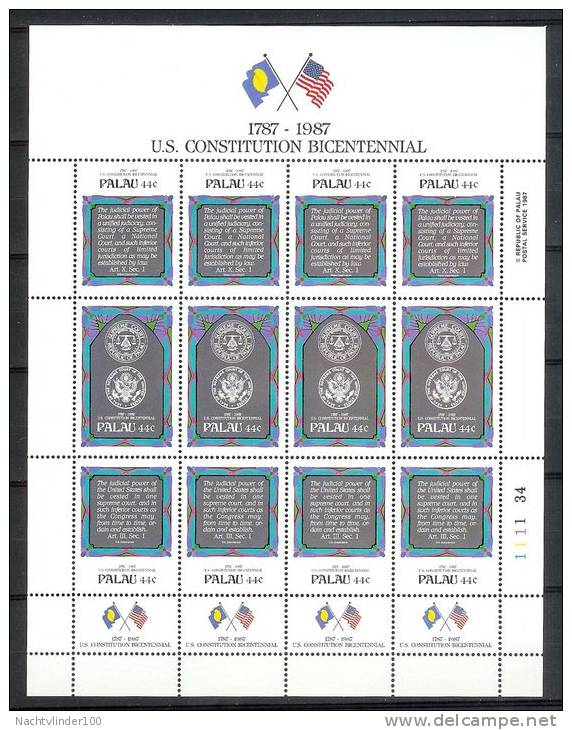 Mrx094b VLAG U.S. CONSTITUTION BICENTENNIAL FLAG ** SHEETS KLEINBOGEN ** PALAU 1987 PF/MNH - Palau