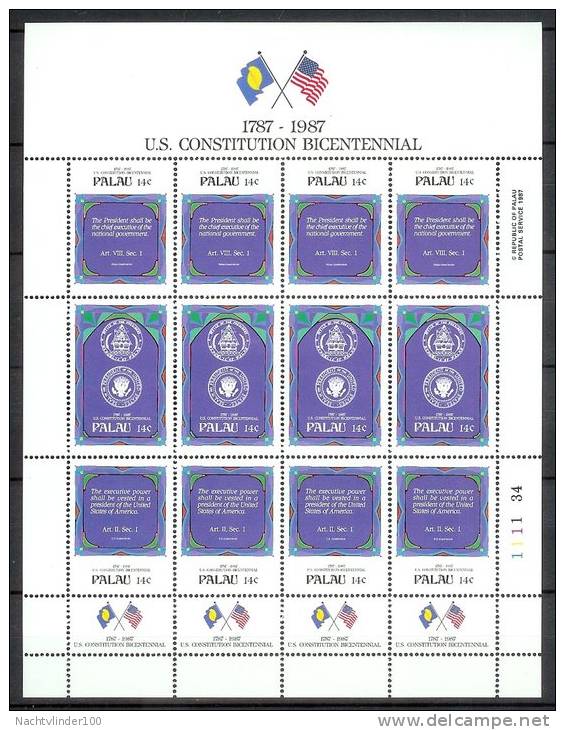 Mrx094b VLAG U.S. CONSTITUTION BICENTENNIAL FLAG ** SHEETS KLEINBOGEN ** PALAU 1987 PF/MNH - Palau