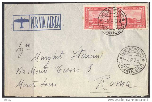 ITALIA COLONIA SOMALIA - PITTORICA - VIA AEREA - MOGADISCIO  CONCENTR.MILIT. - To ROME - 1936 - Somalië