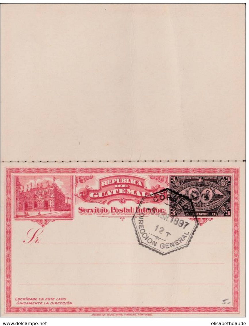 1897 - GUATEMALA - CARTE ENTIER POSTAL ILLUSTREE Avec REPONSE PAYEE NEUVE - - Guatemala