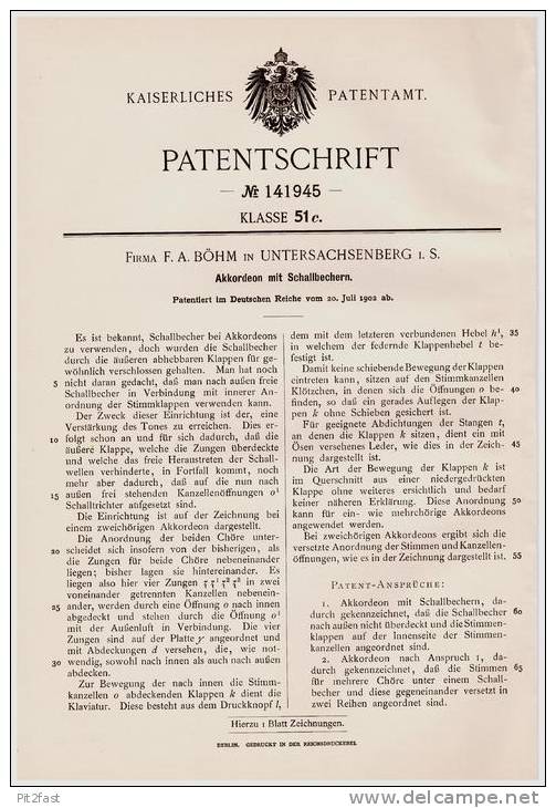 Original Patentschrift - Fa. F. Böhm In Unter - Sachsenberg I.S. B. Klingenthal , 1902 , Akkordeon Mit Schallbechern ! - Instrumentos De Música