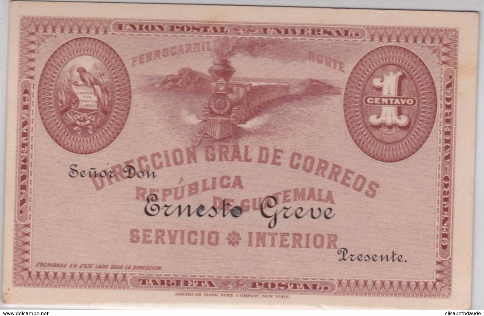 GUATEMALA - CARTE ENTIER POSTAL Avec RARE REPIQUAGE PRIVE NEUVE - TRAINS - Guatemala