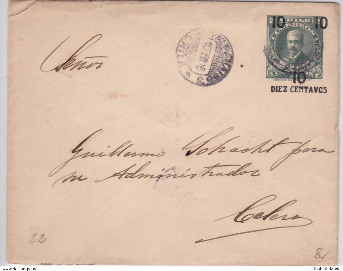 1916 - CHILE - ENVELOPPE ENTIER POSTAL SURCHARGEE De VALPARAISO Pour CALERA - Cile