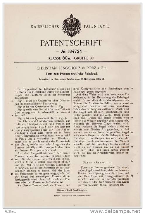 Original Patentschrift - Ch. Lengsholz In Porz - Köln A. Rh., 1905 , Form Für Falzziegel , Dachziegel , Dachdecker !!! - Architecture