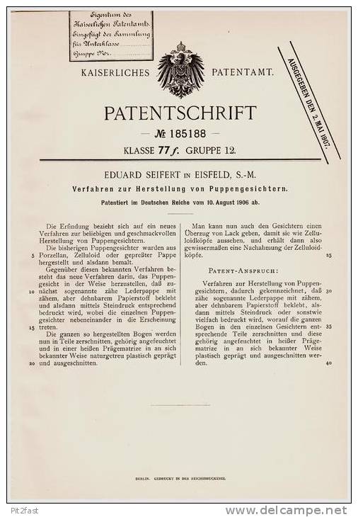 Original Patentschrift - Eduard Seifert In Eisfeld B. Hildburghausen , 1906 , Herstellung Von Puppengesichtern , Puppe - Puppen