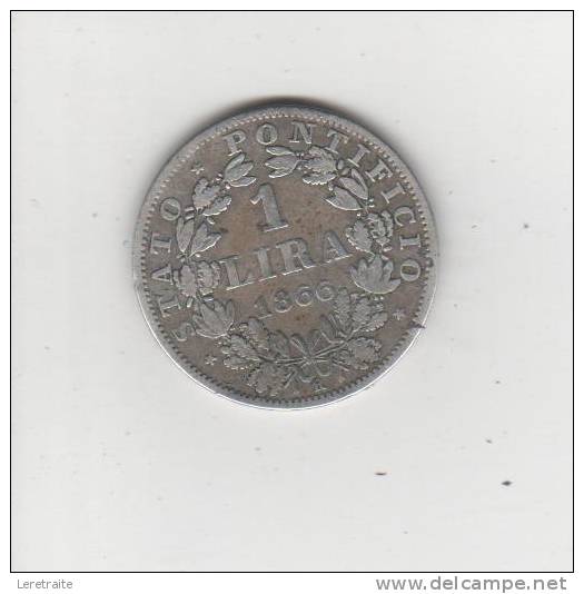 - 1 Lira 1866 R ,stato Pontificio, PIVS IX PONT MAX AN XXI (argent) - 1 Lira