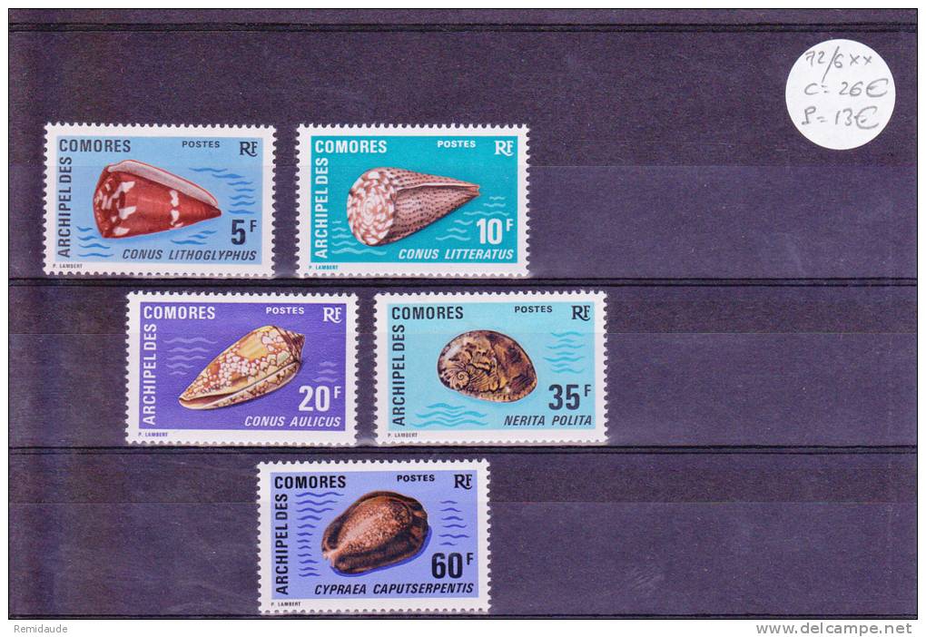 COMORES - YVERT N°72/76 ** - COTE = 28 EUROS - COQUILLAGES - Unused Stamps