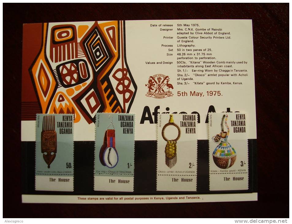 KUT 1975 AFRICA ARTS  Issue 4 Values To 3/-  MNH With PRESENTATION CARD. - Kenya, Uganda & Tanzania