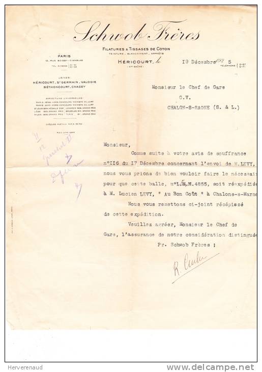 Pasteur N°171 X 2 Sur Lettre Des Ets Schwob à Héricourt (Haute-Saône),  Pour Chalon-sur-Saône - 1922-26 Pasteur