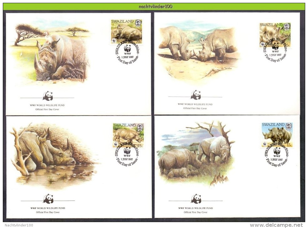 Nat051fb WWF FAUNA NEUSHOORN VOGEL REIGER ZOOGDIEREN BIRD HERON RHINO MAMMALS RINOCEROS SWAZILAND 1987 FDC'S - Rhinoceros