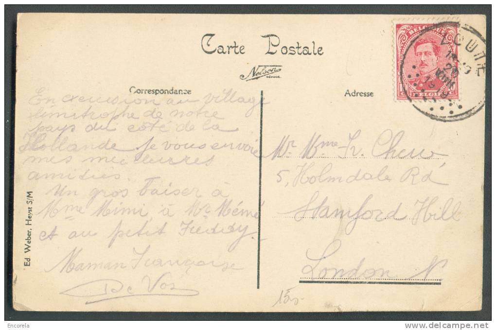 N°138 - 10 Centimes Rouge, Obl; Sc ZOUTE S/C.V (KNOCKE - Sentier Des Anglais) Du 26-VIII-1919 Vers Londres - 8184 - 1915-1920 Albert I