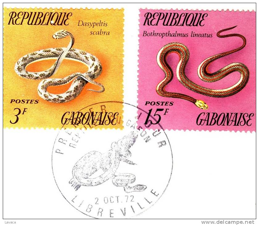 F. D. C. GABON - Serpents - à 3 F &15 F CFA - Serpenti